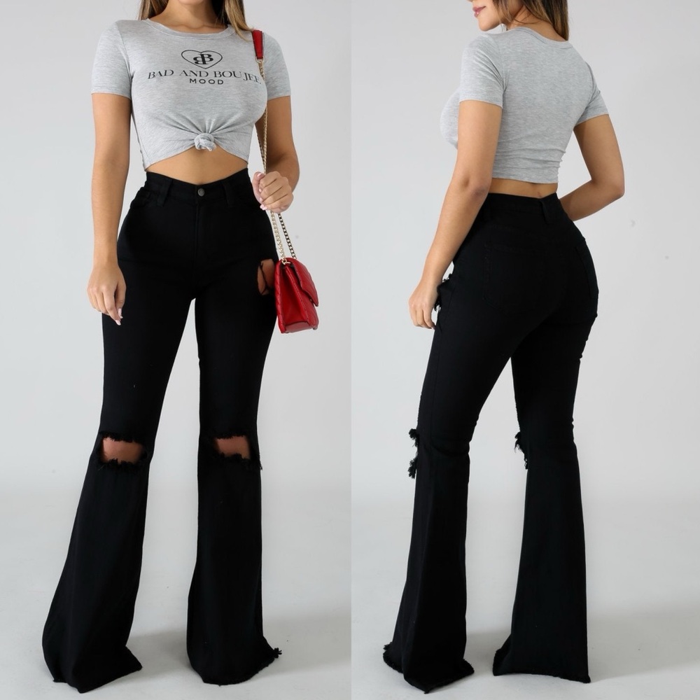 GJG Denim Knee Rip Flare Jean in Black